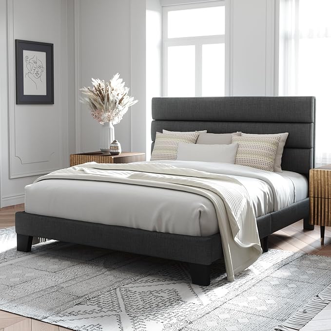 Allewie Full Size Platform Bed Frame with Fabric Upholstered Headboard and Wooden Slats Support, Fully Upholstered Mattress Foundation/No Box Spring Needed/Easy Assembly, Dark Grey