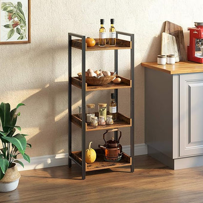 Rolanstar Bookshelf, 4-Tier Storage Rack, Narrow Corner Bookshelf, Display Wooden Shelves for Living Room, Bathroom, Balcony, Kitchen,Rustic Brown