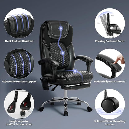 Massage Office Chair with Heat and Footrest –Reclining Desk Chair, Big and Tall Leather Computer Chair with Wheels, PU Executive Office Chair for Home, Gaming, Study, 300 lbs,Black