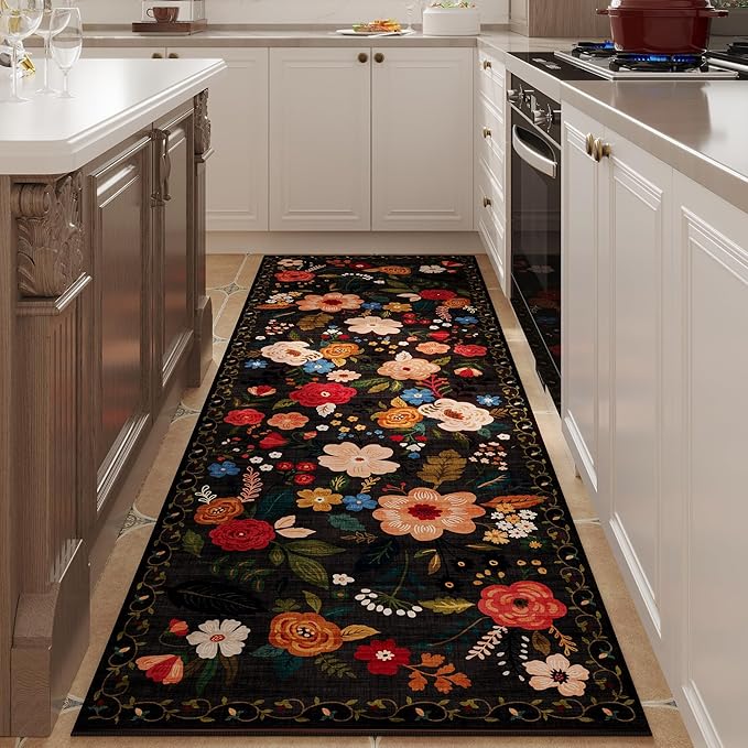 Rugcomf Runner Rug for Hallways Kitchen Rug Non Slip 2'6''x8' Washable Runner Rugs with Rubber Backing Soft Floral Carpet Runner for Hallways, Kitchen, Laundry, Bedroom, Bathroom(Black)