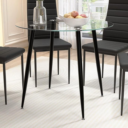 Tempered Glass Dining Table 32 Inch Round Kitchen Table with Black Metal Legs Modern Dinner Table for Dining Room Kitchen Small Space