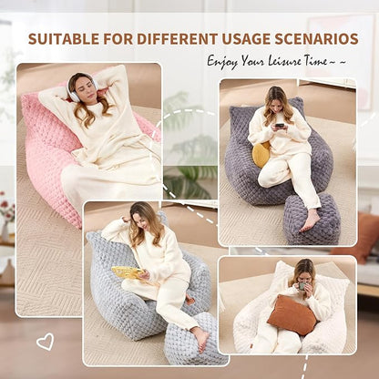 Bean Bag Chair with Ottoman, Modern Giant Bean Bag Couch Sofa with Footstool, Lounge Large Bean Bag Chairs for Adults Teens, Comfy Faux Fur Reading Chair for Bedroom, Living Room