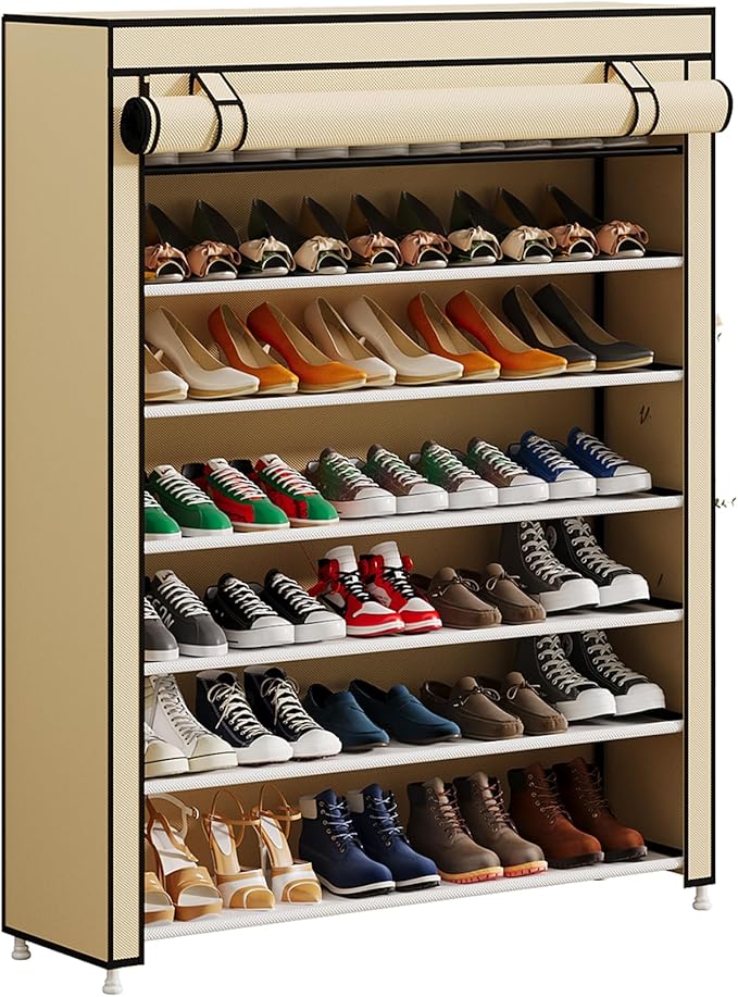 Calmootey 7 Tier Shoe Rack Organizer to Hold 35 Pairs, Portable Shoe Shelf with Nonwoven Fabric Cover for Closet Hallway, Bedroom, Entryway, Beige