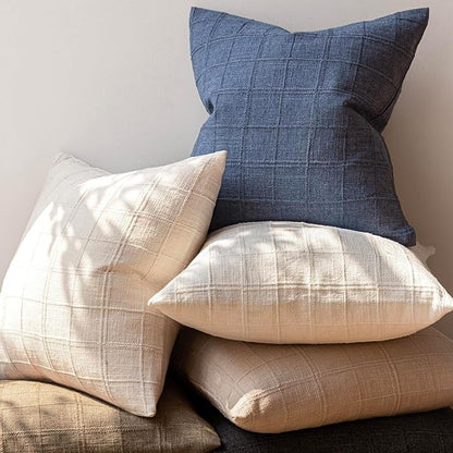 Foindtower Set of 2 Decorative Linen Check Throw Pillow Covers Neutral Farmhouse Vintage Cushion Covers Modern Coastal Boho Home Decor for Sofa Chair Couch Bedroom Living Room Outdoor,18×18 Inch,Blue