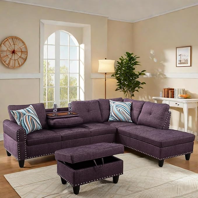 L Shaped Sectional Couch with Otttoman, 97" Sectional Sofa for Living Room Flannel Modular Couches with Cup Holders for Bedroom, Apartments, Purple