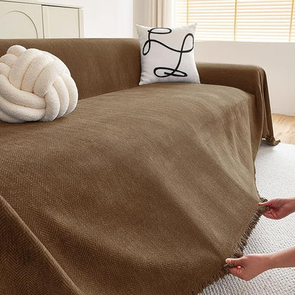 hyha Couch Cover for Dogs, Boho Sofa Covers for 3 Cushion Couch Washable, Chenille Sofa Slipcover for Pets, Soft Loveseat Sectional Couch Throw Blankets with Tassels (Chocolate, 88.5x150 Inch)
