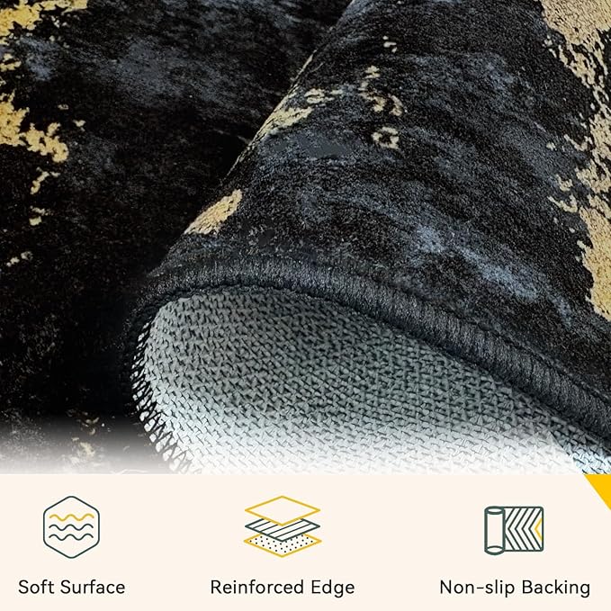 Washable Area Rugs 7'x9' Non-Slip Modern Abstract Soft for Living Room Entryway Bedroom Nursery, Print Pattern, Dark Black Gold