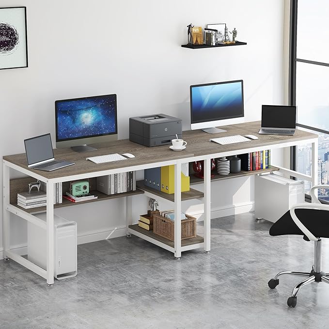 Tribesigns Two Person Desk with Bookshelf, 78.7 Computer Office Double Desk for Two Person, Rustic Writing Desk Workstation with Shelf for Home Office (Gray/White)