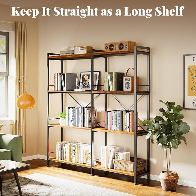 Huuger 4 Tier Bookshelf, L Shaped Corner Bookshelf with 8 Open Shelves, 49.4 Inch Straight Wide Bookcase with Metal Frame and Wooden Board, Adjustable Feet, Rustic Brown