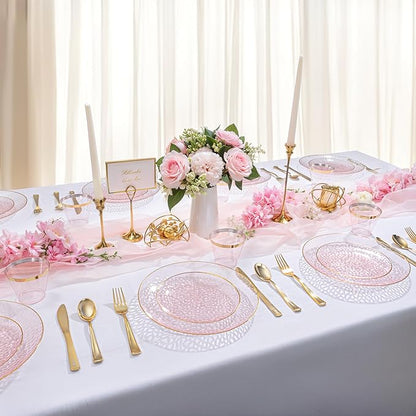 DaYammi 60PCS Pink Gold Plastic Plates - 10 inch Pink Plastic Dinner Plates - Hammer Pattern Design - Fancy Clear and Gold Disposable Plates Ideal for Mother's Day