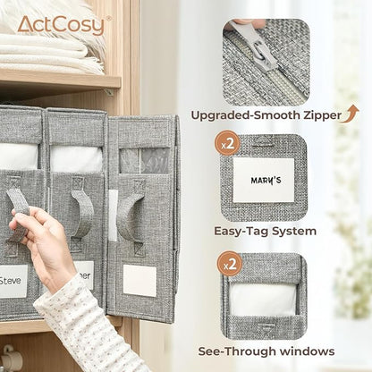 5Pack Sheet Organizers and Storage with Handles – Foldable Linen Closet Storage for King & Queen Sheet Sets – Clear Window & Removable Labels – Dustproof & Space-Saving Design, Grey