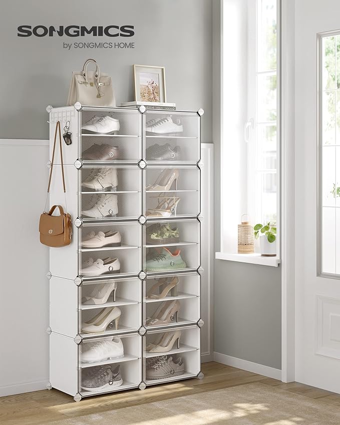 SONGMICS Shoe Rack Organizer, 10-Tier Shoe Storage Cabinet for Closet and Entryway, Holds 40 Pairs of Shoes, Adjustable, Cloud White and Trasparent ULPC035W01