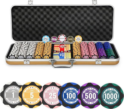 ORIENGEAR Poker Chip Set with Denominations 500 PCS with 14 Gram Numbered Clay Chips, Texas Hold?™em Casino Chip Sets with 2 Decks of Plastic Playing Cards, for Blackjack Gambling Games, Golden Case