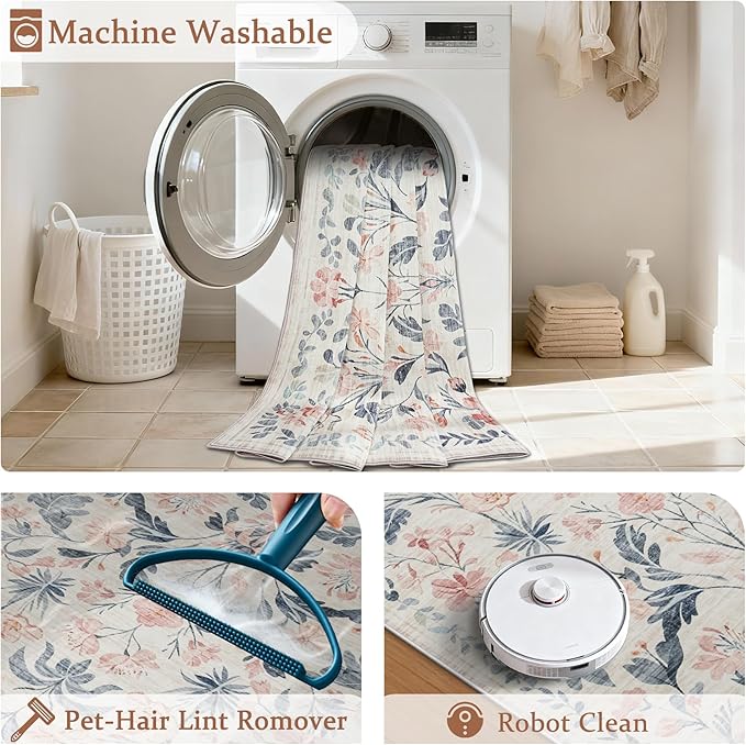 5x7 Area Rugs Washable Rug: Lagre Boho Living Room Rug Soft Non-Slip Thin Carpet Indoor Floor Non-Shedding Neutral Floral Carpets for Bedroom Dining Room Farmhouse Nursery Multi
