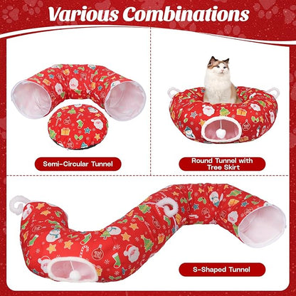 Cat Tunnel Christmas Tree Skirt, Cute Cat Tunnel Bed Under Christmas Tree with Washable Mat, Dangling Balls, Circle Pet Donut Tube Bed for Kitten Puppy Rabbit, Cats Xmas Toy Gifts