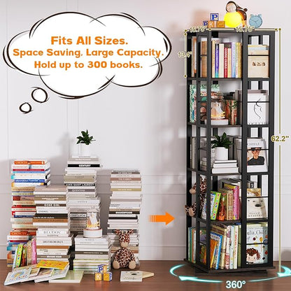 Aheaplus Rotating Bookshelf, Corner Bookcase, 360 Display Wood Spinning Bookshelves, Floor Standing Bookcase Narrow Shelf,5 Tiers, Grey Oak