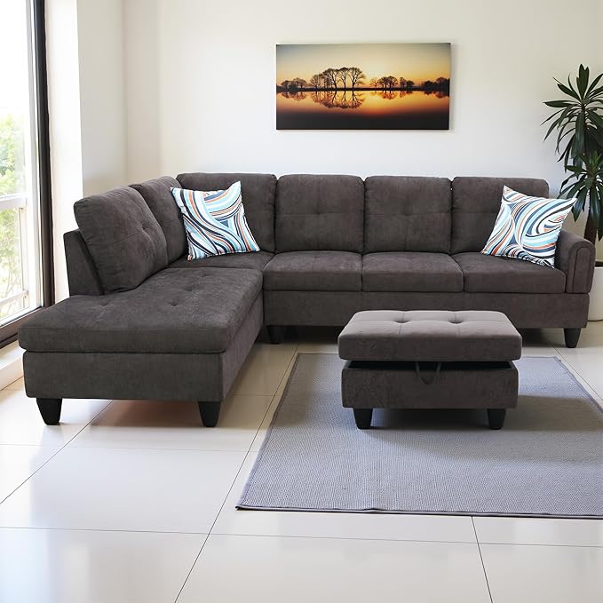 L Shaped Couch Modern Sectional Couch Upholstered Fluffy Fabric 3 Pieces Sofas for Living Room with Chaise, Storage Ottoman for Office and Small Apartment, Dark Brown