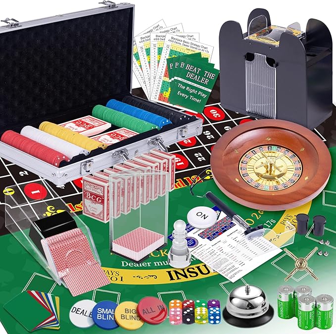 5 in 1 Super Casino Game Set: Blackjack/Texas Hold'em/Roulette/Craps/Poker Kit, 10" Wooden Roulette Wheel, Carrying Case with 360 Plastic Chips, 6 Deck Shuffler, 2 Double-Sided Rubber Mat And More