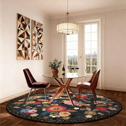 4x4 Round Bedroom Rug Washable: Round Rug Stain Resistant Green Floral Rug Non Slip Low Pile Small Carpet for Bedroom Kitchen Entryway Living Room Bedside Office Dorm Kids Room Entrance