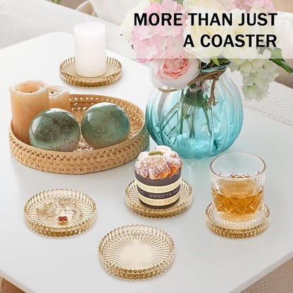 Vintage Glass Coasters, GOH DODD Set of 8 Crystal Coasters Tabletop Protection for Drinks, Home Decor, Kitchen, Living Room, Patio, Wedding, Party, Housewarming Gifts, Amber