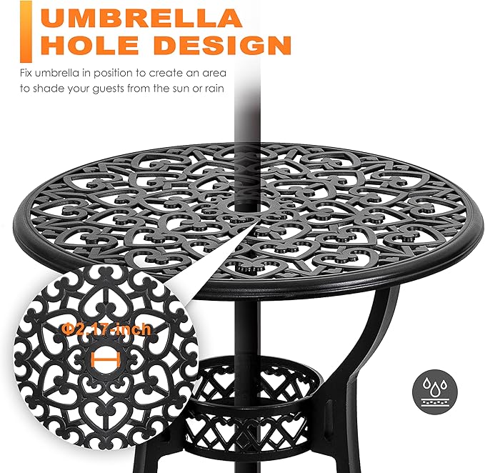 NUU GARDEN 3 Piece Outdoor Bistro Set All Weather Cast Aluminum Patio Set Bistro Table Set Rustproof Patio Table and Chairs with Umbrella Hole for Backyard, Balcony, Front Porch, Black