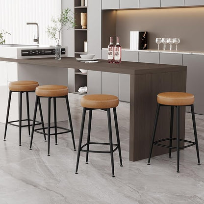 Counter Height Bar Stools, 26" H Backless Bar Stools Set of 2, Upholstered Faux Leather Kitchen Counter Stools, Mid Century Modern, Kitchen Island Home Bar, Pub, Caramel Brown