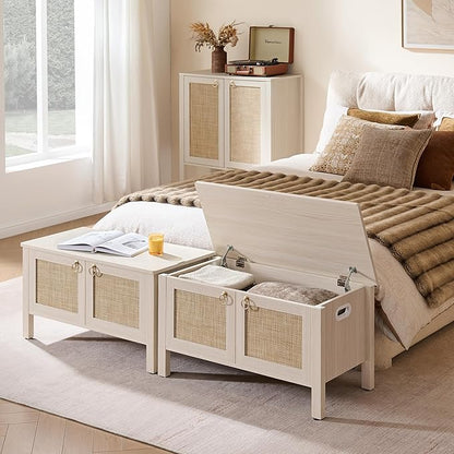 SICOTAS Rattan Shoe Bench - 2 Pieces Farmhouse Shoe Organizer Bench with Lift Top Storage and Hidden Cabinet, Boho Shoe Rack Cabinet for Entryway, Hallway, Bedroom (White Cream Oak)