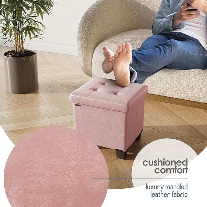 STORAGEBUD Storage Ottoman Cube with Small Bin, 16-in Square Ottoman with Storage for Living Room and Bedroom, Small Ottomans Foot Rest, Faux Leather Foot Stools Ottomans Max 330lbs, Pink