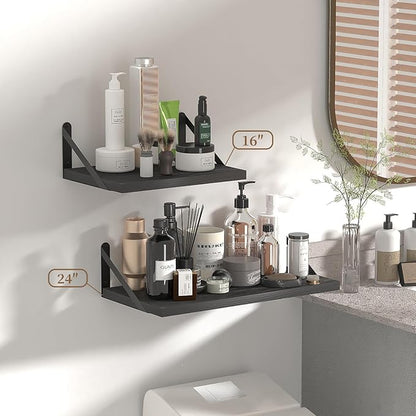SAUMONIERES Floating Shelves Wall Bookshelf for Bedroom Bathroom Living Room Wood Wall Mounted Wide Deep Storage, Black Painted Wall Shelves Set of 2
