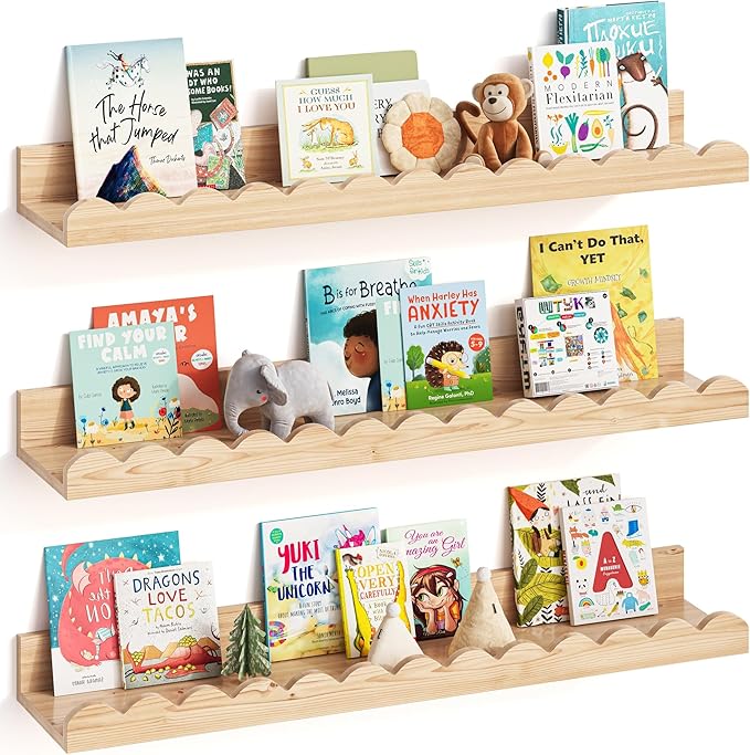Nursery Book Shelves, Set of 3, Nursery Decor for Baby and Toddler, Scalloped Shelves, Book Shelf for Kids Rooms, Wall Book Shelf for Bedroom Kids, Floating Shelf for Wall (Wood, 23.5 Inches)