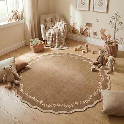GarveeHome Round Area Rugs 4ft for Kids Room, Solid Brown Scalloped Washable Circle Rug Soft Non Slip Floral Print Floor Mat Carpet Indoor Thin Tent Rug for Bedroom Dining Room Playroom Nursery