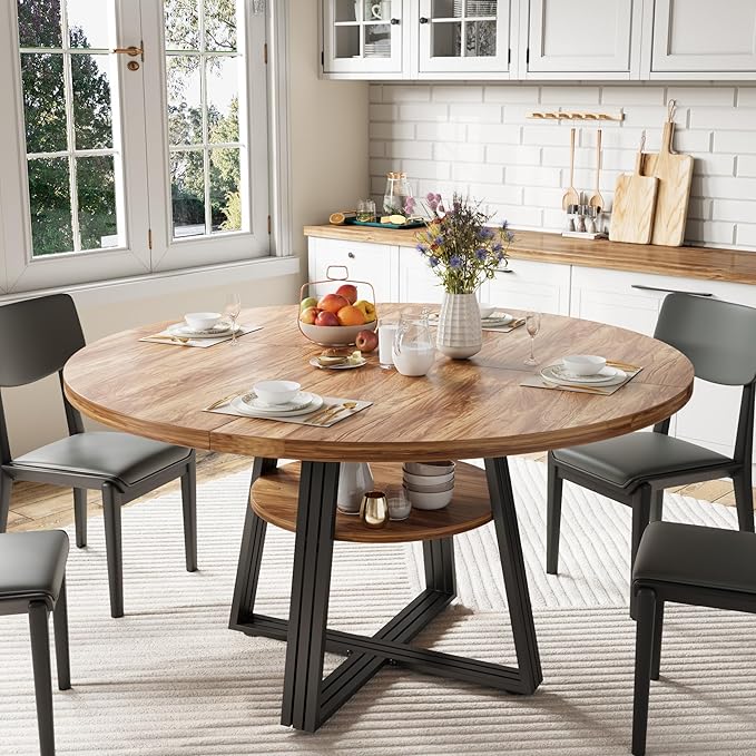 GarveeHome Round Dining Table for 4-6, 47.2" Farmhouse Kitchen Table with Storage, Circle Dinner Tables for Kitchen, Dining Room, Living Room, Meeting Room, Apartment, Retro