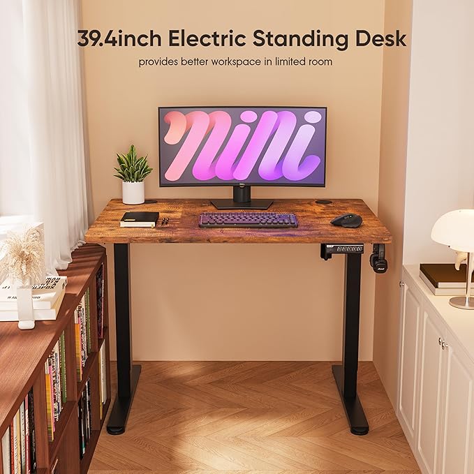 Monomi Standing Desk, 39.4'' Small Sit Stand up Rising Desks Height Adjustable Electric Standing Desk with 3 Memory Setting, Ergonomic Home Office Computer Desk Workstation, Rustic Brown