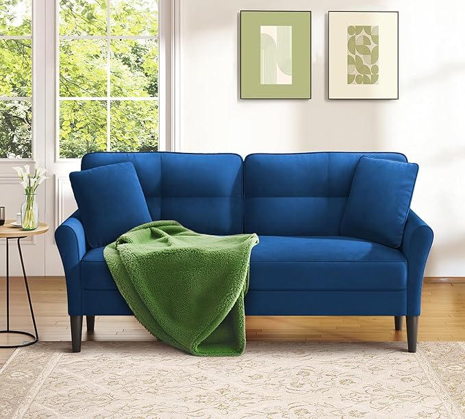 69" Loveseat Sofa, Velvet Small Couches for Small Spaces, Love Seat Couches with 2 Pillows, Tool-Free Setup Loveseats, 700lb Load Sofas for Living Room, Mini Couch for Bedroom, Comfy Sofa Couch, Blue
