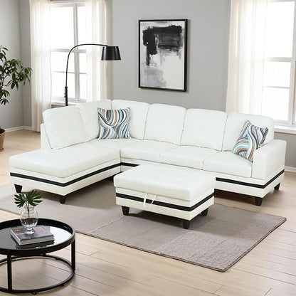 L Shaped Couch PU Leather Sectional Couch Upholstered 3 Pieces Sofas for Living Room with Chaise, Storage Ottoman for Office and Small Apartment, Black and White