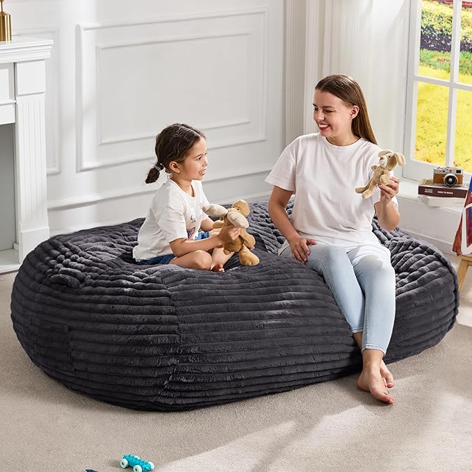 Hobestluk 4FT Bean Bag Chairs Adult Bean Bag with Portable Handle Comfy Large Bean Bag Chair with Removable Cover for Living Room Bedroom or Reading Nook (Stripe Dark Grey, 4FT)
