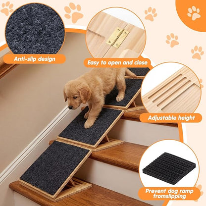2 Packs Adjustable Slope Foldable Wooden Dog Ramp for Stairs, Anti-Slip Bump Dog Ramp for Stairs, No Installation Required, Small or Medium Cats, Step for Injured Pets (11.81 Inches/ 30 cm)