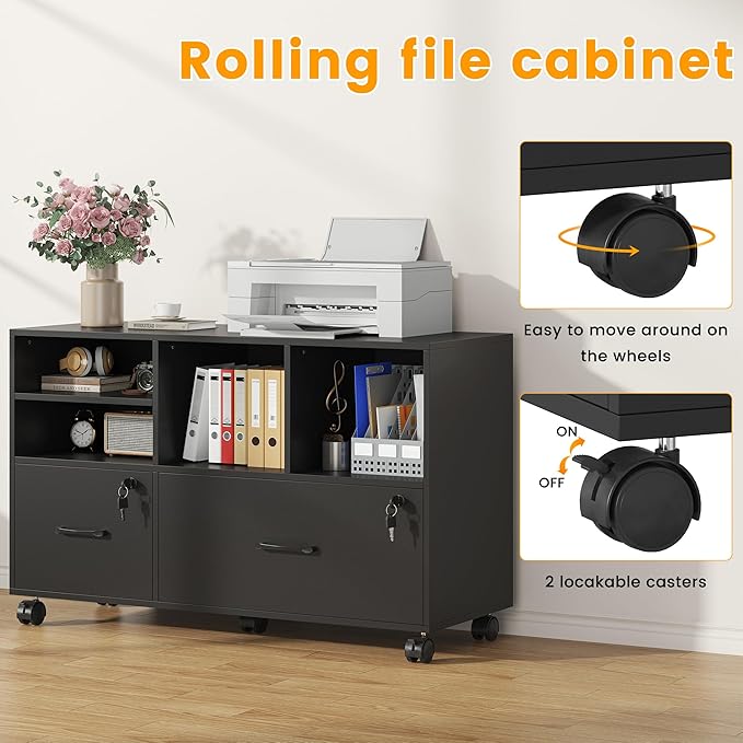 2 Drawer Wood Mobile Large Lateral File Cabinet with Lock, Lockable Rolling Filing Cabinet with Storage Shelves, Printer Stand Office Storage for Home Office Fits Files Legal/A4,Black