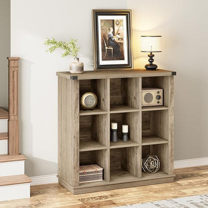GarveeHome 9 Cube Storage Organizer Bookshelf, 4 Tier Farmhouse Horizontal Bookcase, 37.4 Inch Wood Storage Bookcase for Entryway, Long Low Bookshelves for Living Room-Grey