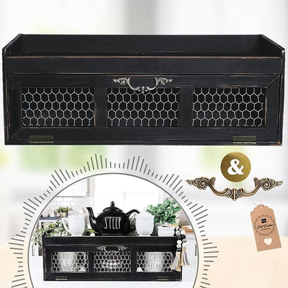 Felt Creative Home Goods Farmhouse Chicken Wire Countertop Shelving Organizer, Decorative Kitchen Pantry Storage Cabinet, Rustic Counter Storage Display, Country Kitchen Island Decor (Black)