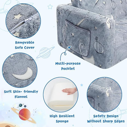 Toddler Chair Comfy,2-in-1 Soft Toddler Couch Fold Out for Kids,Convertible Sofa to Lounger,Gift for Girls and Boys Birthday,Space,Large