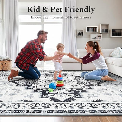 Rugflix 5x7 Area Rug for Living Room, Machine Washable Area Rugs with Non-Slip Backing, Large Soft Boho Vintage Rug for Bedroom, Dining Room, Low Pile Carpet, Kids Pet Friendly, Grey