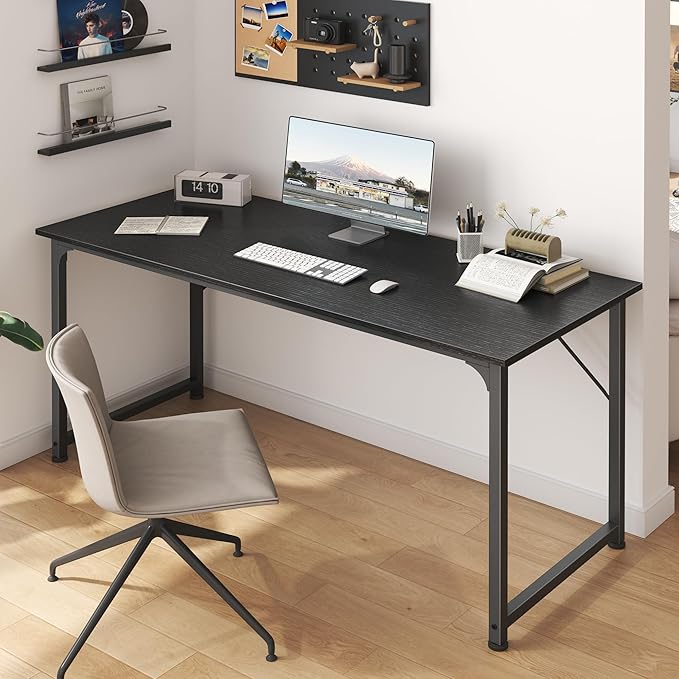 Huuger Computer Desk, 55 Inch Home Office Desk, Gaming Writing Work from Home Study Desk, Large Legroom, Sturdy Metal Frame, Modern Simple, Black