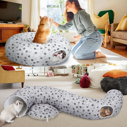 Ownpets Large Cat Tunnel, Soft Plush Cat Donut Tunnel Bed with Washable Cushion, Peekaboo Cat Tube for Indoor Kitten, Puppy, Rabbit, Gray