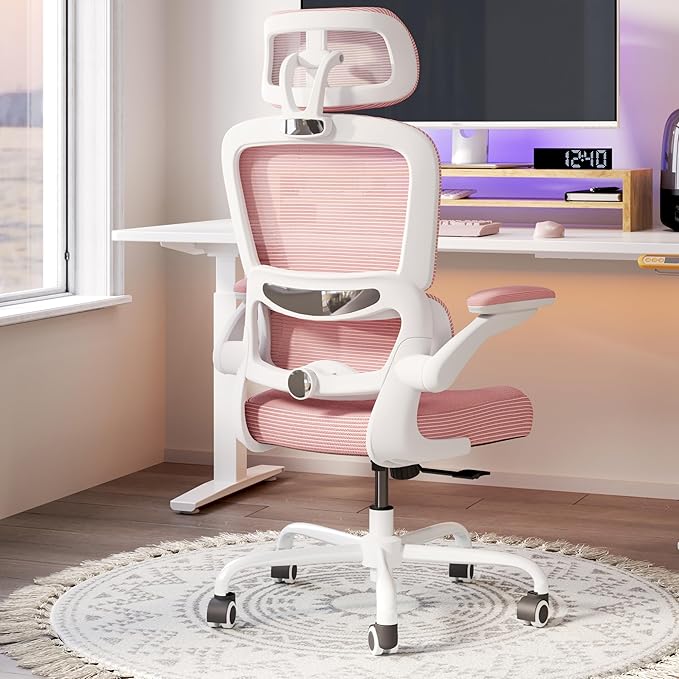 TRALT Ergonomic Office Chair - Desk Chair with Adjustable Headrest Lumbar Support Computer Chair - Mesh Comfy Chair with Flip-up Armrests - Gaming Chairs for Adults Home Office (Leather, Pink)