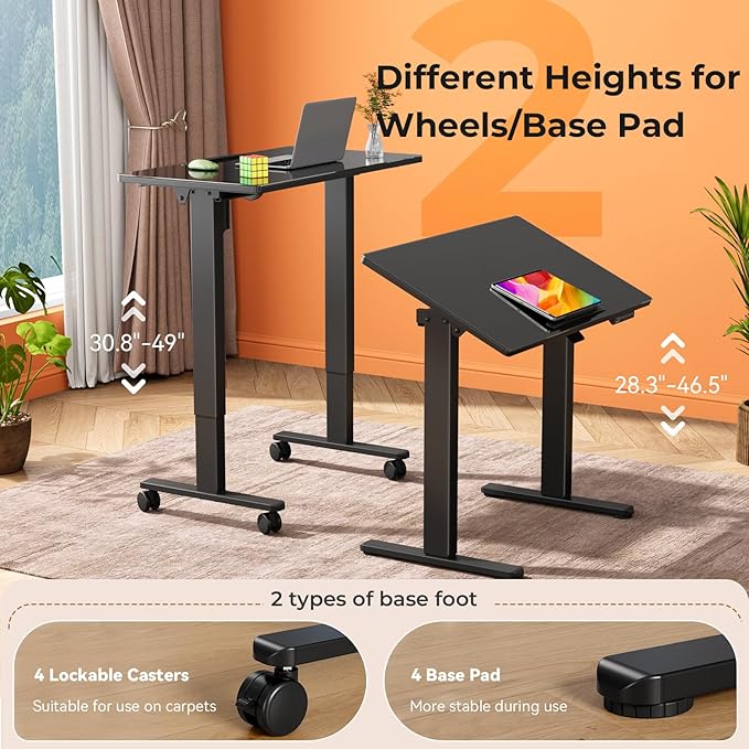 Glass Standing Desk，35inch Whole Piece Rolling Sit Stand Table with Wheels，90° Tiltable Mobile Rising Height Adjustable，Foldable Top Suit for Small Laptop，Black