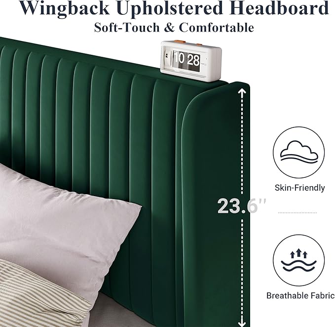 Allewie Queen Size Bed Frame/Velvet Upholstered Platform Bed/Vertical Channel Tufted Wingback Headboard/Strong Wooden Slats/No Box Spring Needed/Easy Assembly/Green