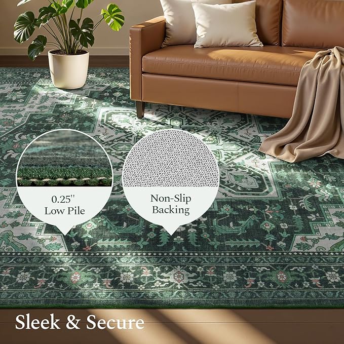 Rugflix 6x9 Area Rugs for Living Room, Machine Washable Rug Non Slip Stain Resistance, Large Rug Vintage Distressed Soft Carpet for Bedroom, Dining Room, Home Office, Green