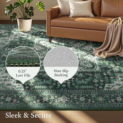 Rugflix 6x9 Area Rugs for Living Room, Machine Washable Rug Non Slip Stain Resistance, Large Rug Vintage Distressed Soft Carpet for Bedroom, Dining Room, Home Office, Green