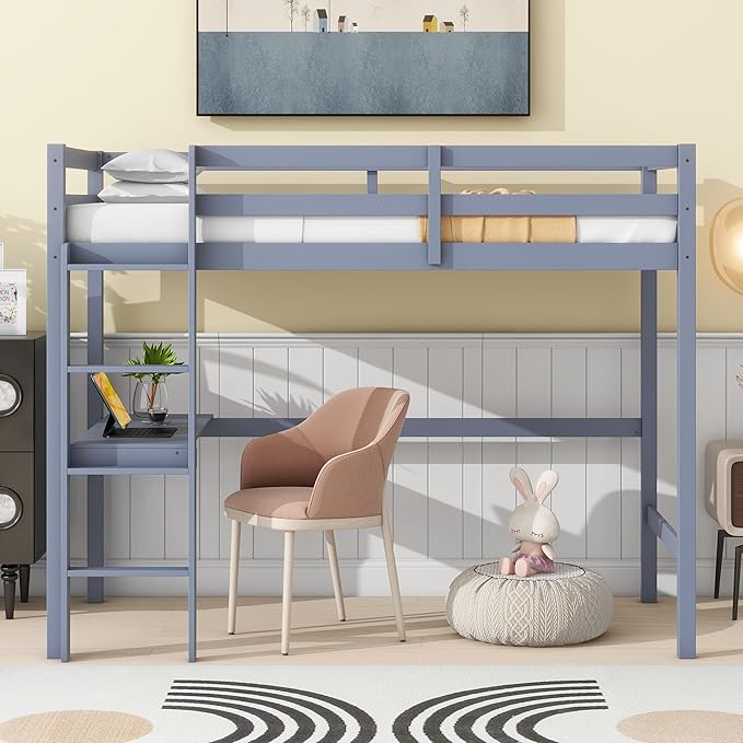 HomSof Full Loft Bed with Desk and Shelves,Gray